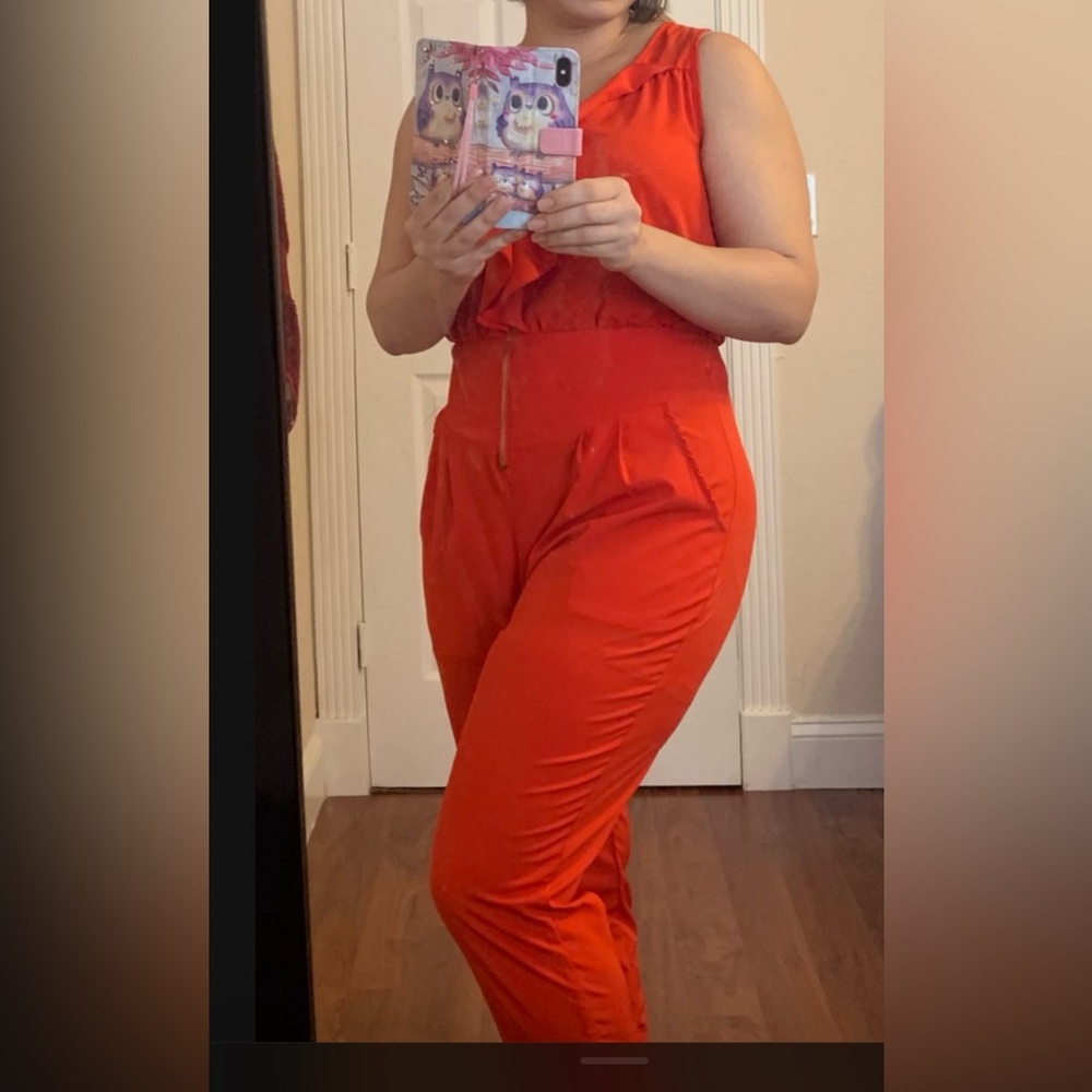 Red Sleeveless Jumpsuit with High Neckline